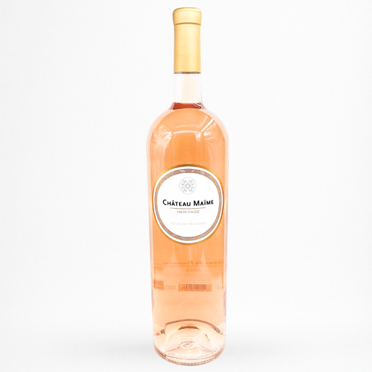 Magnum de rosé Château Maïme Héritage 2023 Côtes de Provence, bouteille en verre clair, capsule dorée, étiquette ronde blanche