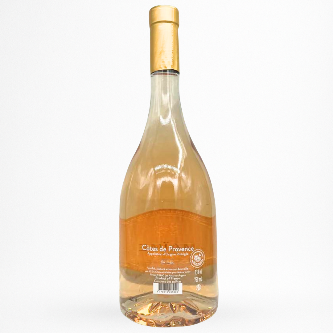 Bouteille de rosé Maïme Promise 2024 Côtes de Provence, verre clair, capsule dorée, contre étiquette 