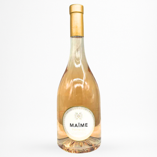 Bouteille de rosé Maïme Promise 2024 Côtes de Provence, verre clair, capsule dorée, étiquette ronde blanche