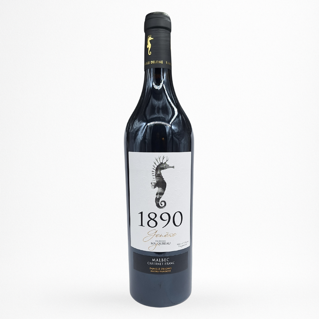 Bouteille de vin rouge Château Majoureau La Genèse 2022 Bordeaux Supérieur, étiquette blanche 1890 avec hippocampe, capsule noire