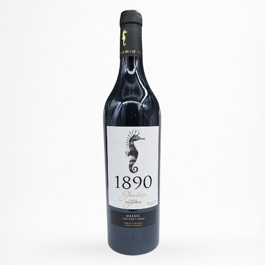 Bouteille de vin rouge Château Majoureau La Genèse 2022 Bordeaux Supérieur, étiquette blanche 1890 avec hippocampe, capsule noire