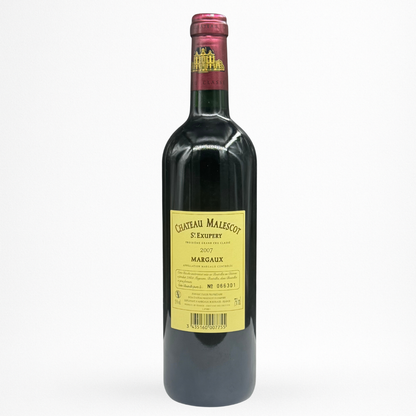 Château Malescot Saint-Exupéry 2007 – Margaux AOC, Grand Cru Classé, vin rouge, contre etiquette  bouteille 75 cl (capsule pourpre), packshot sur fond blanc.