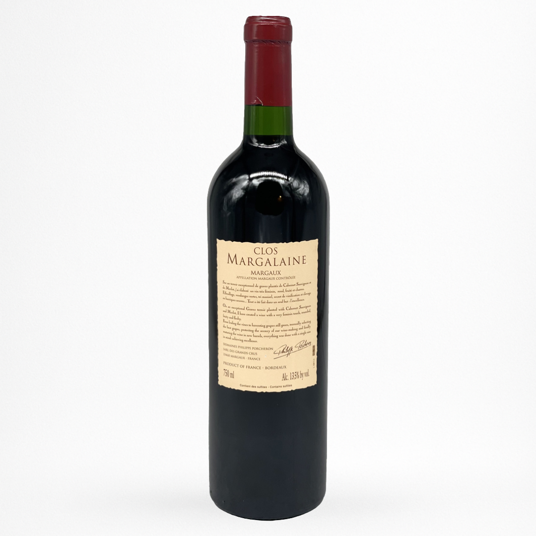 Bouteille de vin rouge Clos Margalaine 2013 Margaux, contre étiquette, capsule rouge 
