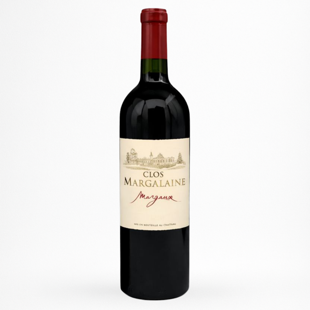 Bouteille de vin rouge Clos Margalaine Margaux, étiquette crème avec château, capsule rouge 
