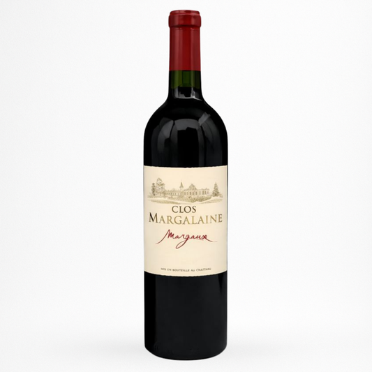 Bouteille de vin rouge Clos Margalaine Margaux, étiquette crème avec château, capsule rouge 
