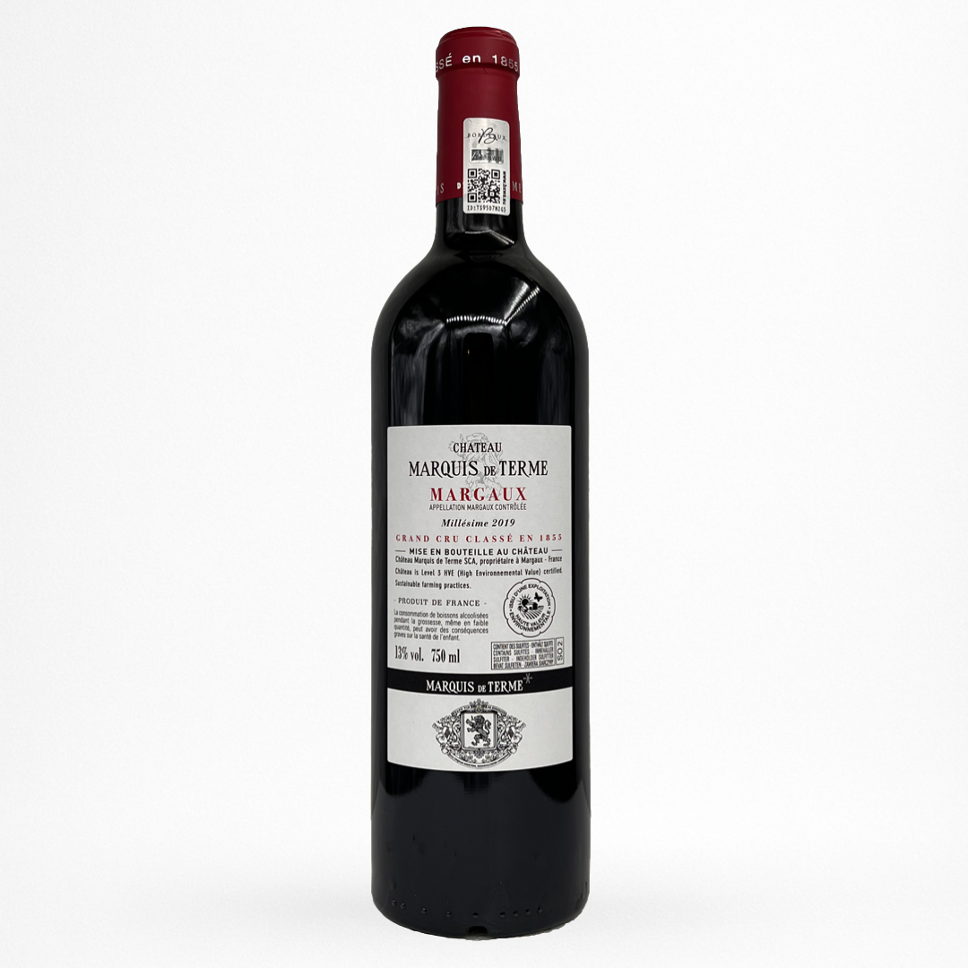 Bouteille de vin rouge Château Marquis de Terme 2019 Margaux, contre étiquette grise, capsule bordeaux
