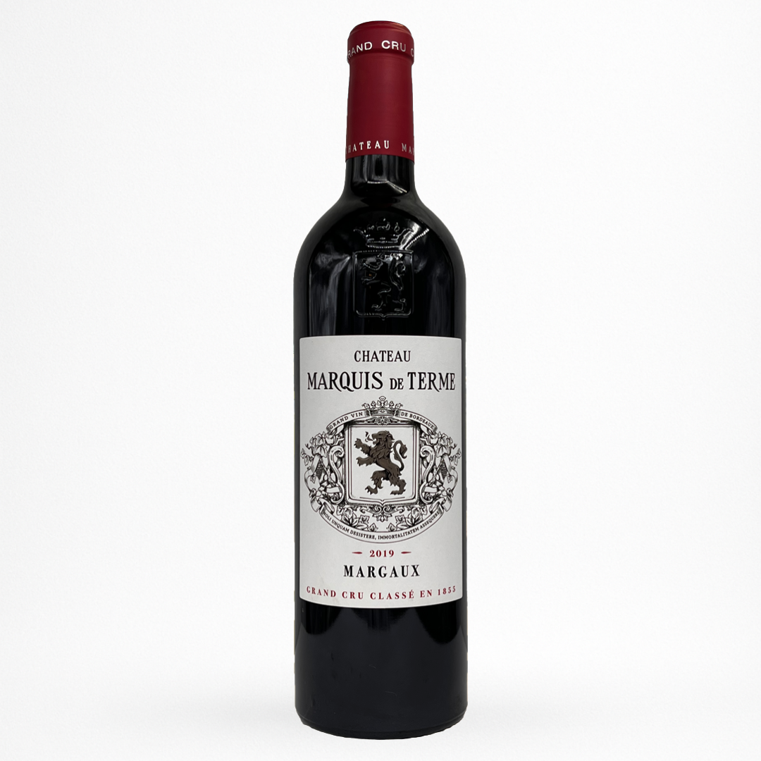 Bouteille de vin rouge Château Marquis de Terme 2019 Margaux, étiquette grise à blason, capsule bordeaux