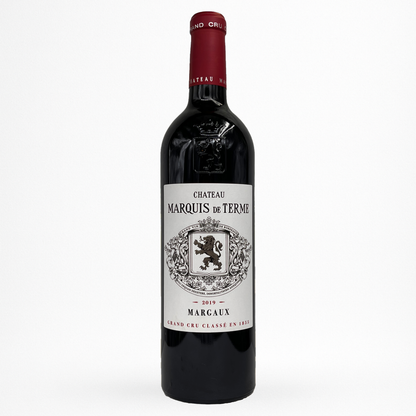 Bouteille de vin rouge Château Marquis de Terme 2019 Margaux, étiquette grise à blason, capsule bordeaux