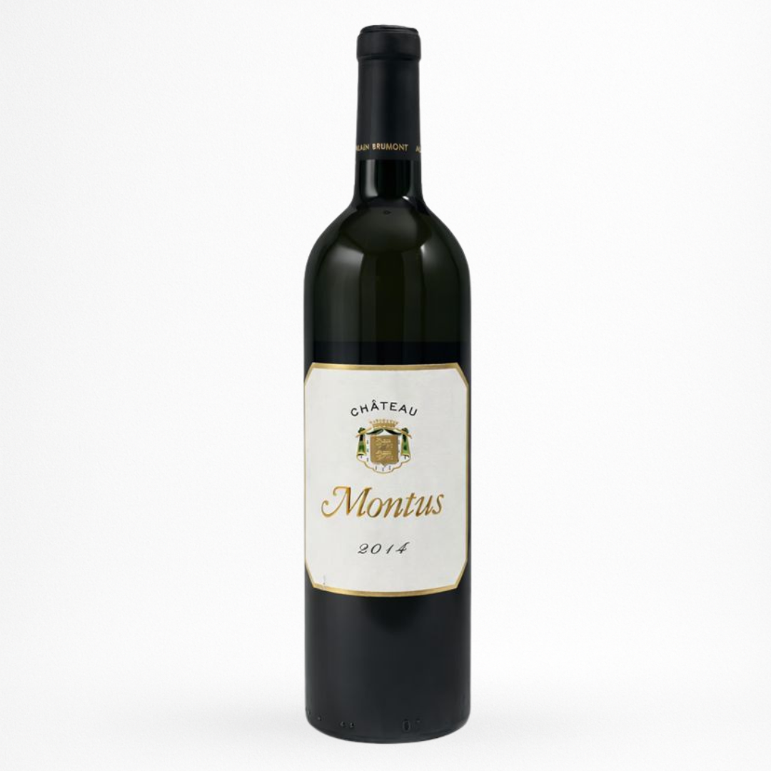 Bouteille de vin blanc Château Montus 2014, étiquette blanche bord doré, capsule noire, verre sombre sur fond blanc
