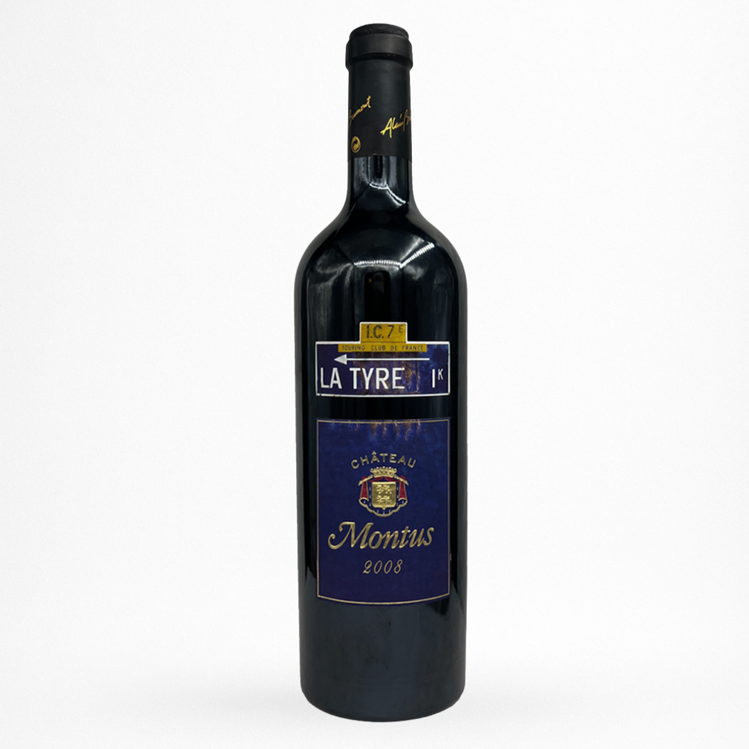 Bouteille de vin rouge Château Montus La Tyre 2008 Madiran, étiquette bleue, capsule noire, fond blanc