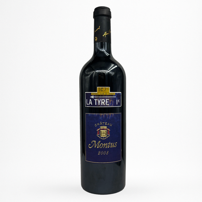 Bouteille de vin rouge Château Montus La Tyre 2008 Madiran, étiquette bleue, capsule noire, fond blanc