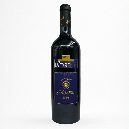 Bouteille de vin rouge Château Montus La Tyre 2008 Madiran, étiquette bleue, capsule noire, fond blanc