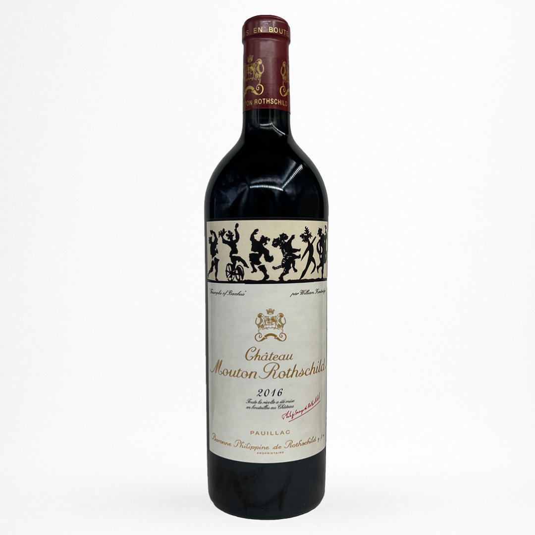 Bouteille de vin rouge Château Mouton Rothschild 2016 Pauillac, étiquette crème avec frise noire, capsule bordeaux