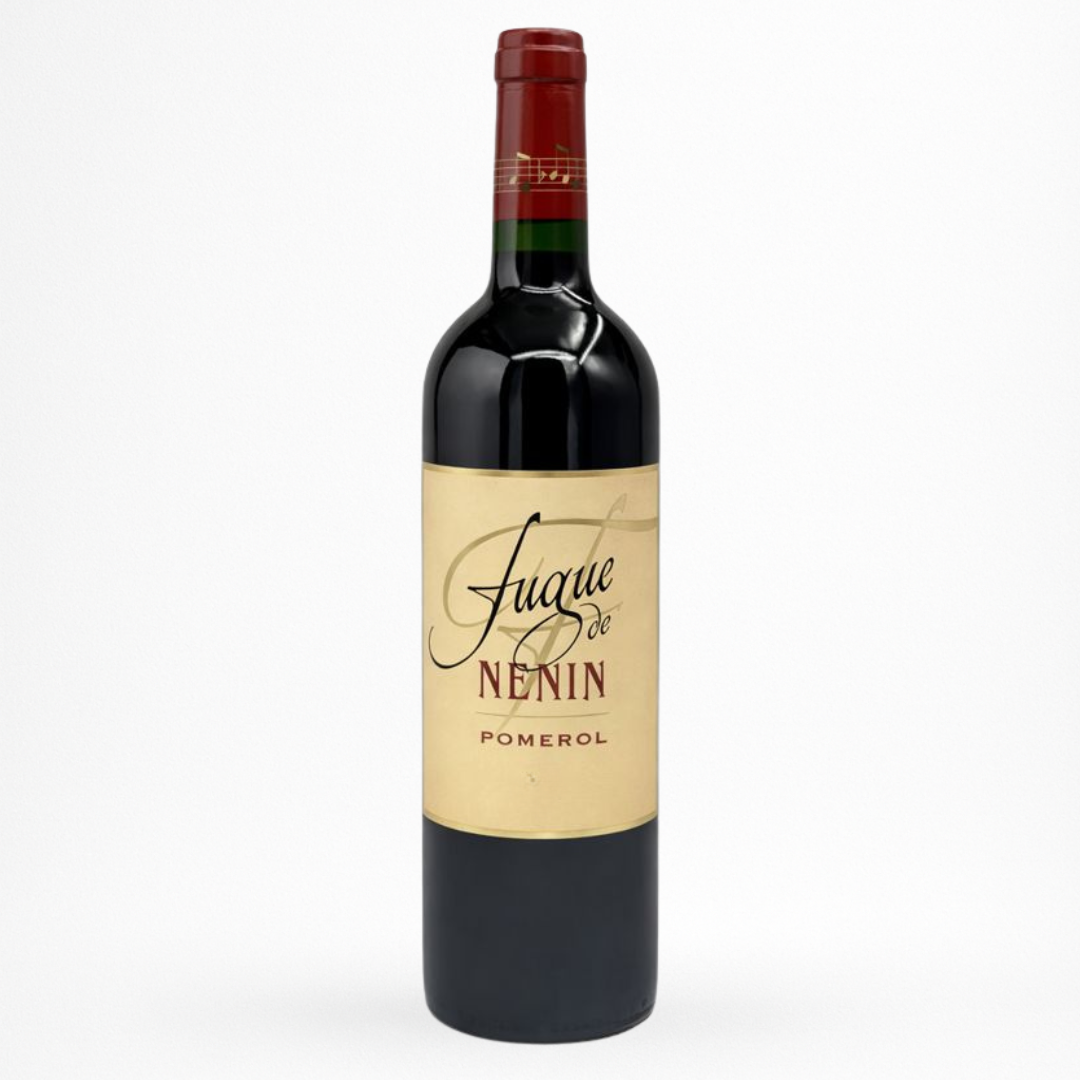 Bouteille de vin rouge Fugue de Nenin Pomerol, étiquette beige, capsule rouge et bague verte, verre sombre