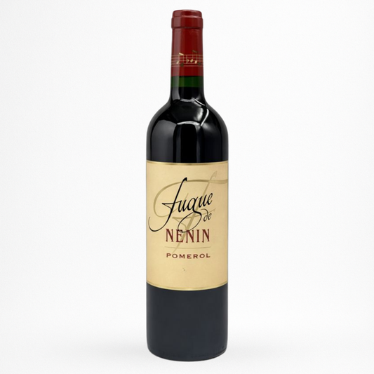 Bouteille de vin rouge Fugue de Nenin Pomerol, étiquette beige, capsule rouge et bague verte, verre sombre