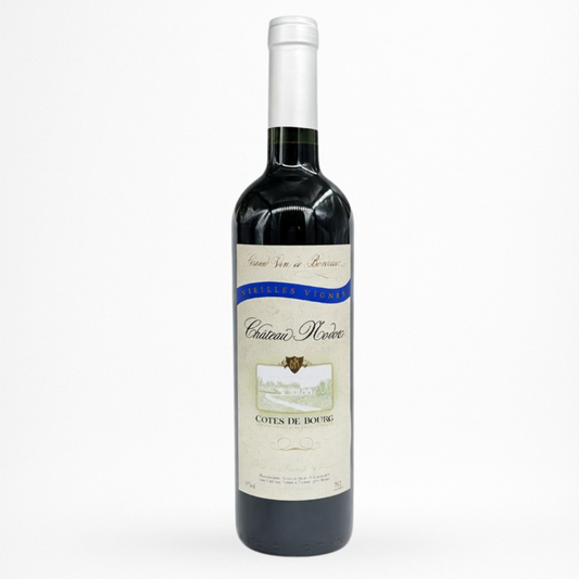 Bouteille de Château Nodot – Cuvée Vieilles Vignes 2021 (Côtes de Bourg), vin rouge : bouteille bordelaise sombre avec capsule blanche, étiquette crème avec bandeau bleu “VIEILLES VIGNES”, mention “Château Nodoz” au centre et “Côtes de Bourg” en bas.