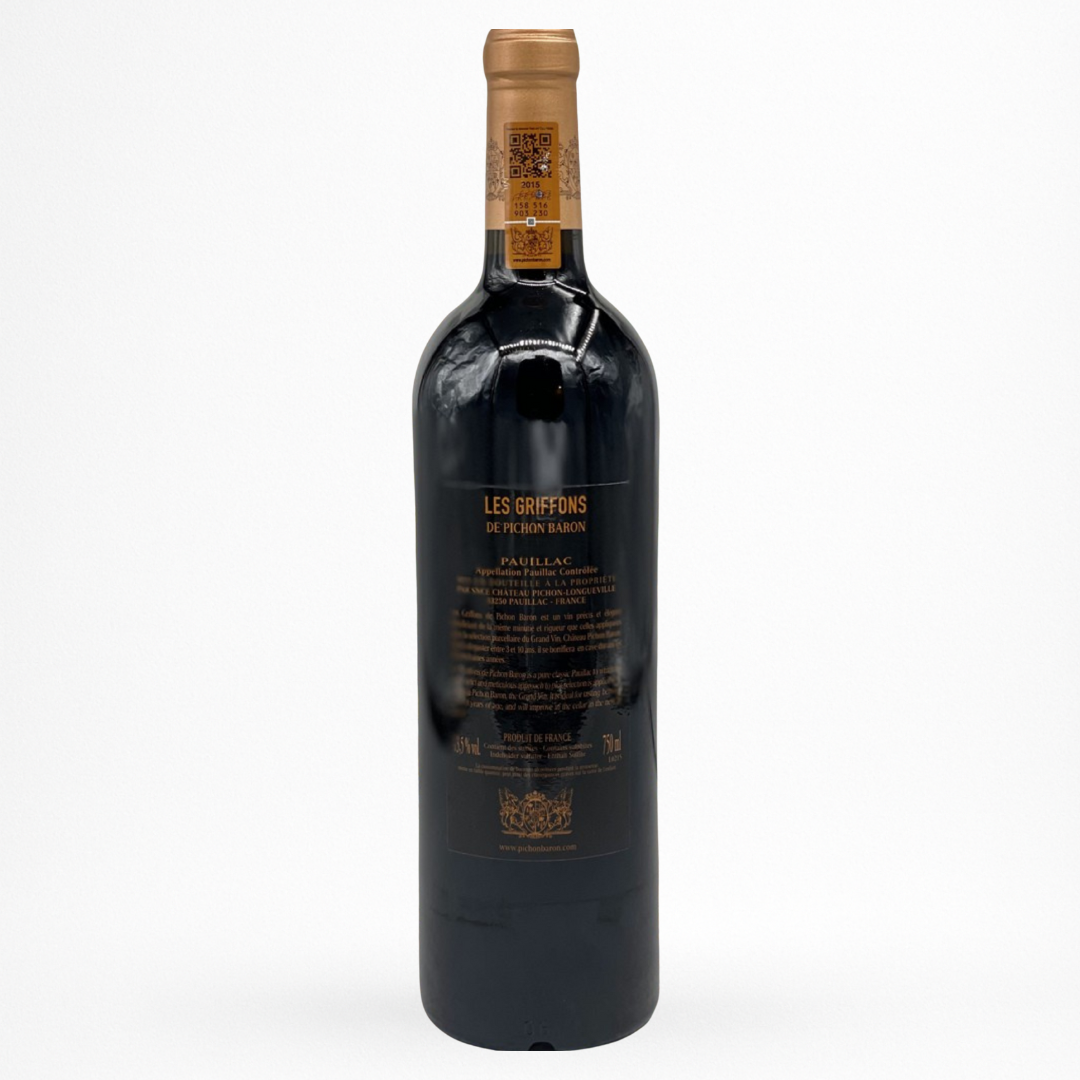 Château Pichon Baron – Les Griffons de Pichon Baron, Pauillac AOC, vin rouge de Bordeaux, contre etiquette bouteille 75 cl, capsule dorée, packshot sur fond clair.