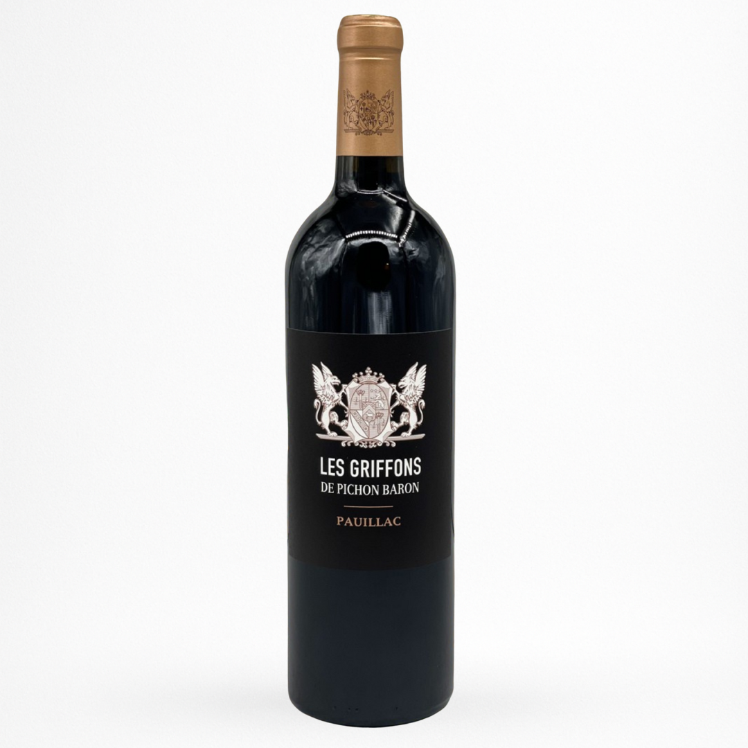Château Pichon Baron – Les Griffons de Pichon Baron, Pauillac AOC, vin rouge de Bordeaux, bouteille 75 cl, capsule dorée, packshot sur fond clair.