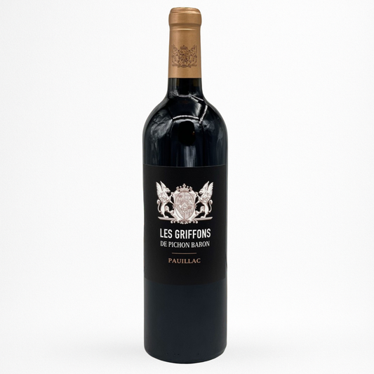 Château Pichon Baron – Les Griffons de Pichon Baron, Pauillac AOC, vin rouge de Bordeaux, bouteille 75 cl, capsule dorée, packshot sur fond clair.