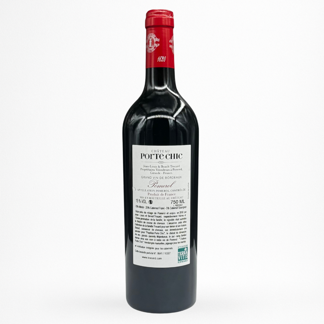 Château Porte Chic – Pomerol AOC, vin rouge de Bordeaux, contre etiquette bouteille 75 cl, packshot sur fond blanc.
