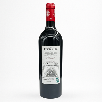 Château Porte Chic – Pomerol AOC, vin rouge de Bordeaux, contre etiquette bouteille 75 cl, packshot sur fond blanc.