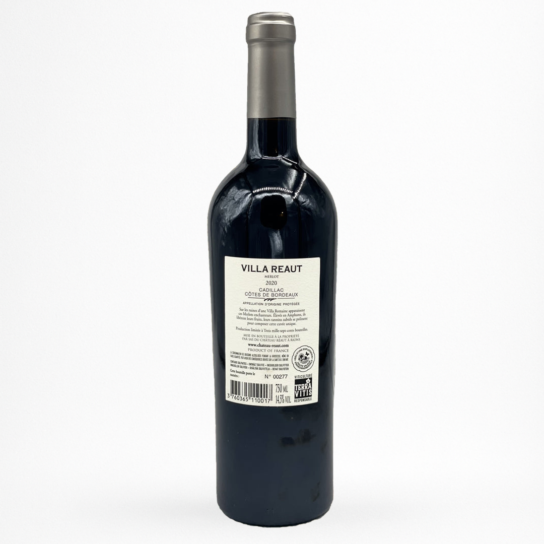 Contre etiquette bouteille de vin Château Réaut - Villa Réaut Merlot - 2020 - Vin de Cadillac Côtes de Bordeaux