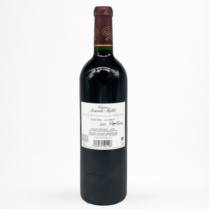 Château Sociando-Mallet 2015 – Haut-Médoc AOC, vin rouge de Bordeaux (75 cl) – bouteille packshot sur fond blanc, contre étiquette “Jean Gautreau” bien visible.
