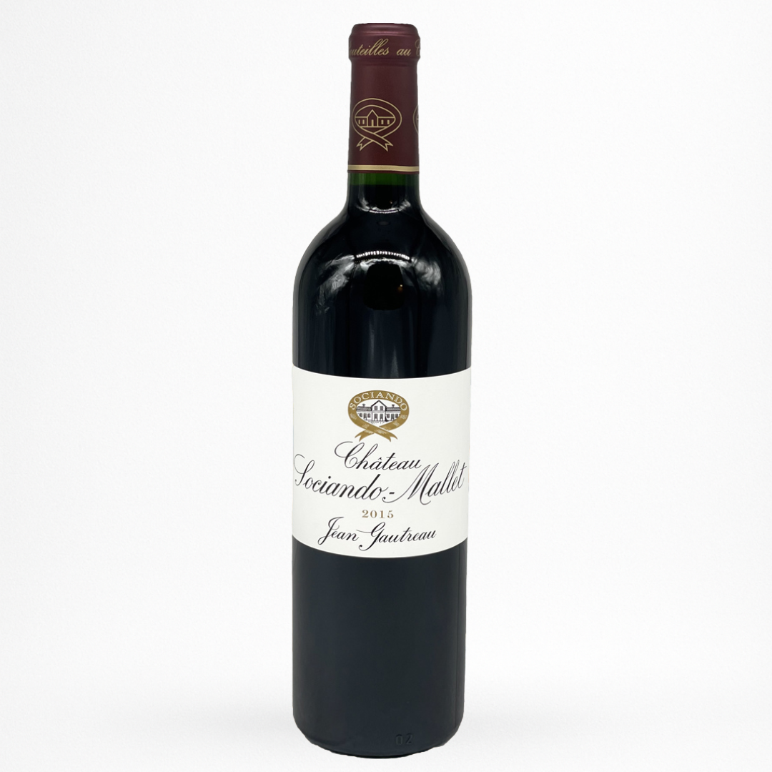 Château Sociando-Mallet 2015 – Haut-Médoc AOC, vin rouge de Bordeaux (75 cl) – bouteille packshot sur fond blanc, étiquette “Jean Gautreau” bien visible.
