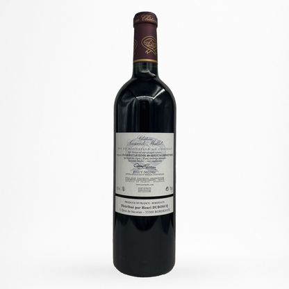 Château Sociando-Mallet – Haut-Médoc AOC, vin rouge de Bordeaux – bouteille 75 cl, contre étiquette visible, packshot sur fond blanc.
