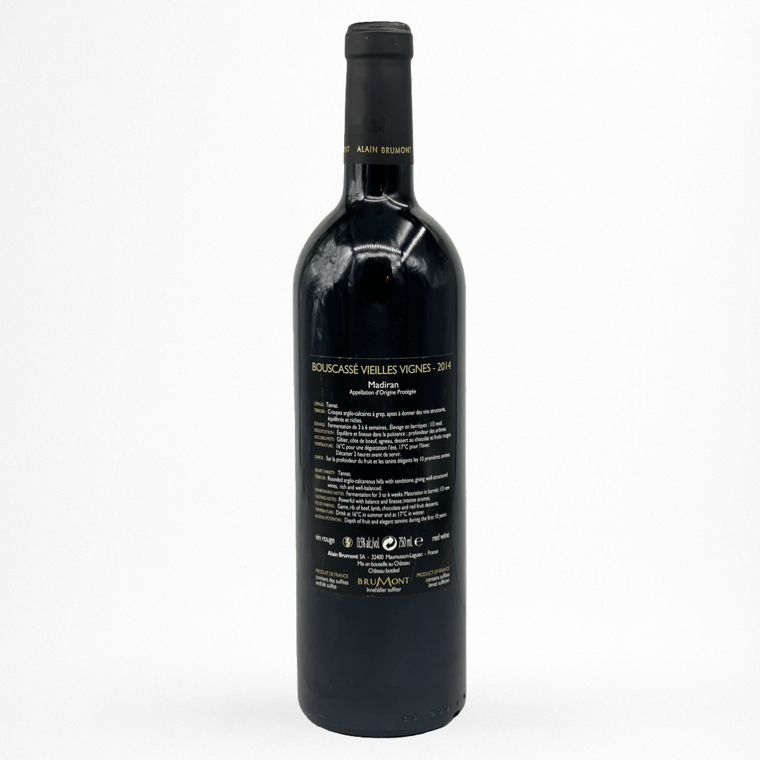 Bouteille de Château Bouscassé Vieilles Vignes 2014 – Madiran AOC, vin rouge du Sud-Ouest (Tannat), contre étiquette noire