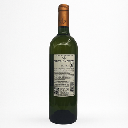 Bouteille Château de Cérons Blanc — Graves AOC (Bordeaux), contre etiquette vin blanc sec, sur fond blanc.