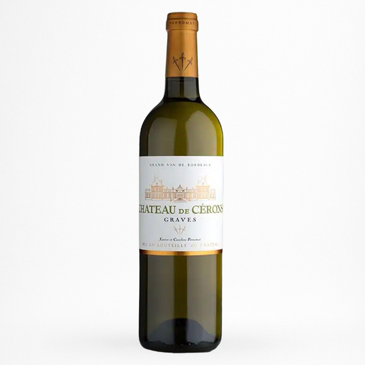 Bouteille Château de Cérons Blanc — Graves AOC (Bordeaux), vin blanc sec, sur fond blanc.