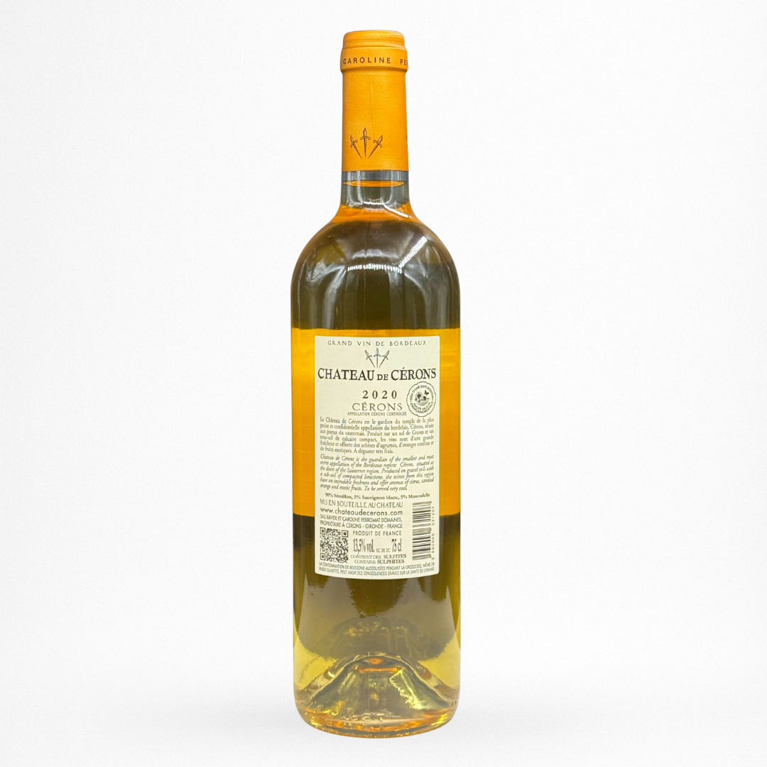 Bouteille de vin Château de Cérons Blanc liquoreux 2020 en AOC Cérons sur fond blanc