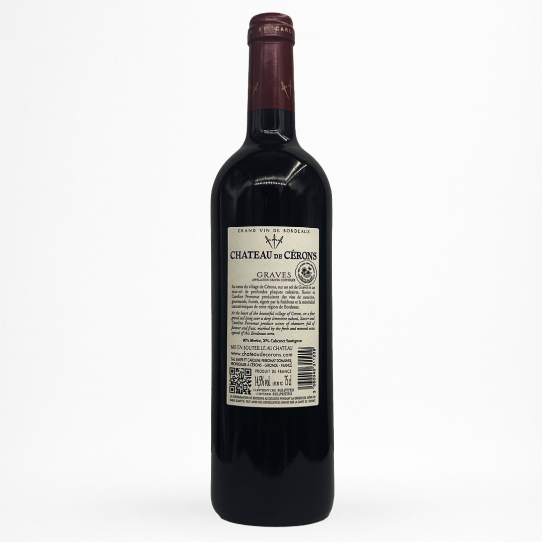 Bouteille de Château de Cérons — Graves AOC (Bordeaux), vin rouge, contre etiquette sur fond blanc.