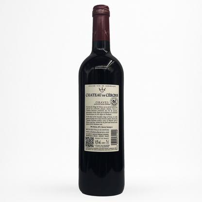 Bouteille de Château de Cérons — Graves AOC (Bordeaux), vin rouge, contre etiquette sur fond blanc.