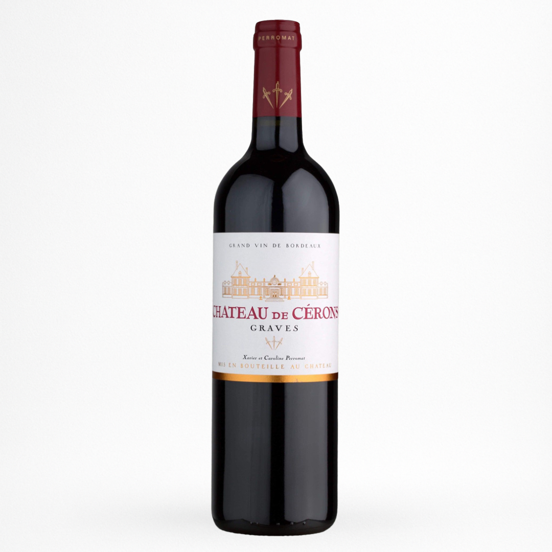 Bouteille de Château de Cérons — Graves AOC (Bordeaux), vin rouge, sur fond blanc.