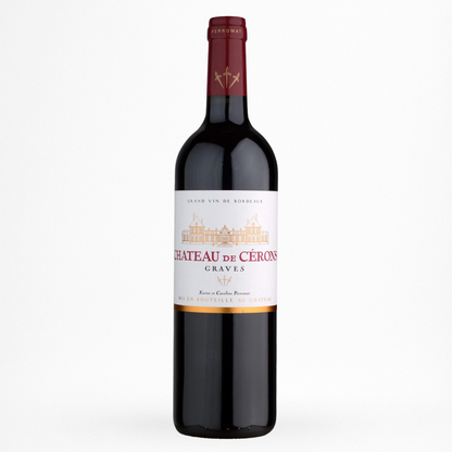 Bouteille de Château de Cérons — Graves AOC (Bordeaux), vin rouge, sur fond blanc.