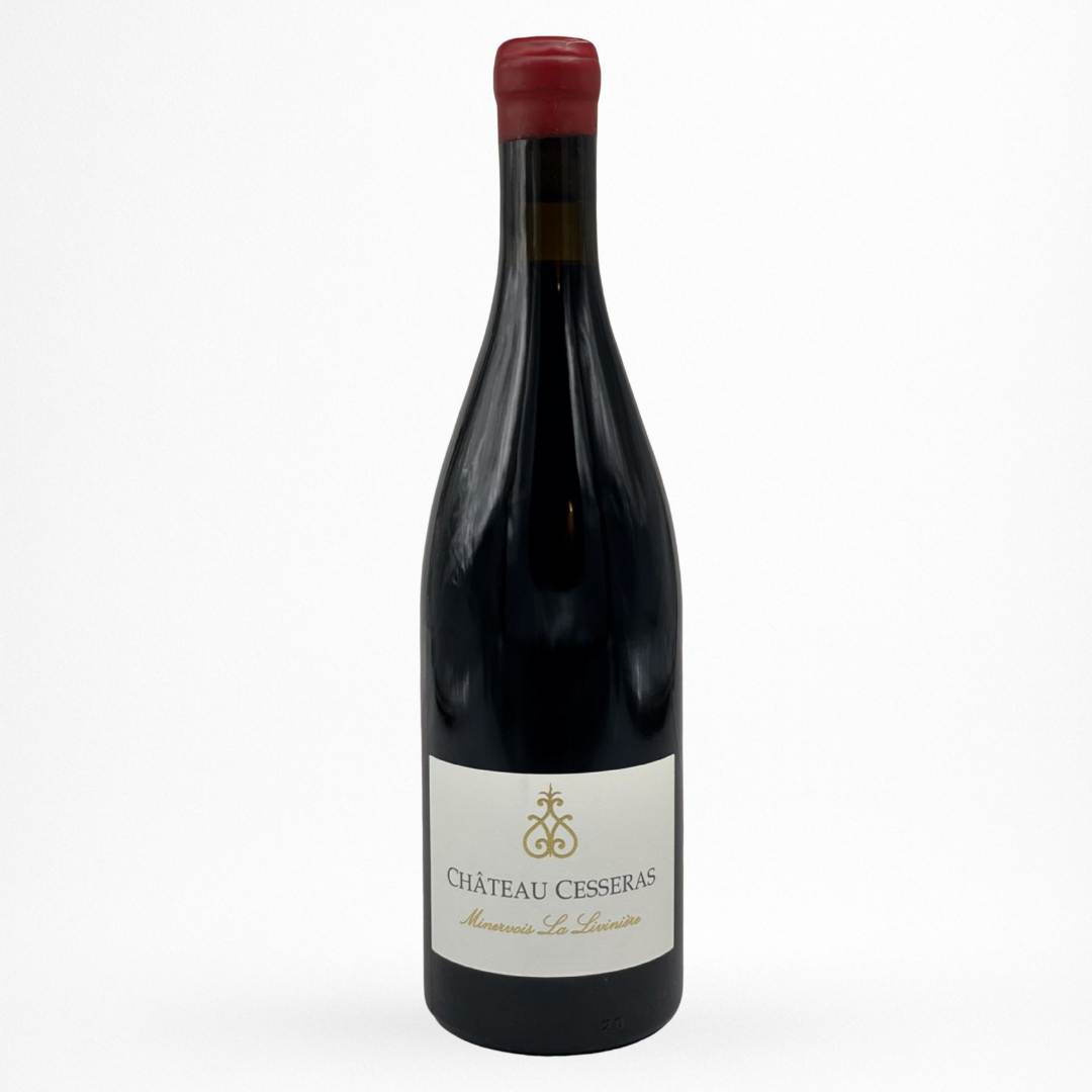 Bouteille Château de Cesseras — Minervois-La Livinière AOP (Languedoc), vin rouge, sur fond blanc.