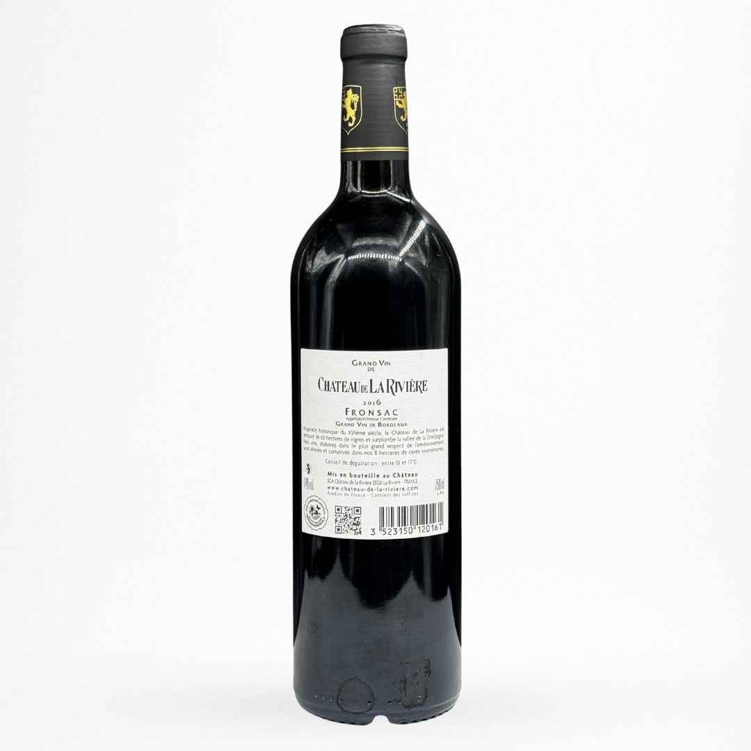 Contre etiquette bouteille de vin Château de La Rivière 2016 en AOC Fronsac sur fond blanc