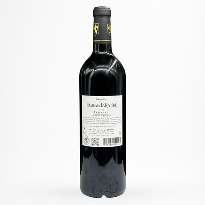 Contre etiquette bouteille de vin Château de La Rivière 2016 en AOC Fronsac sur fond blanc