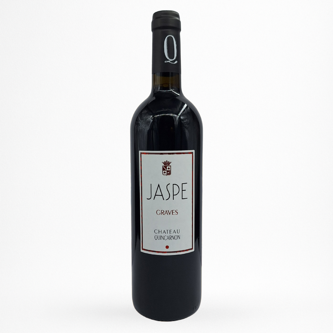 Bouteille Château de Quincarnon “Jaspe” — Graves AOC, vin rouge, étiquette blanche, sur fond blanc.