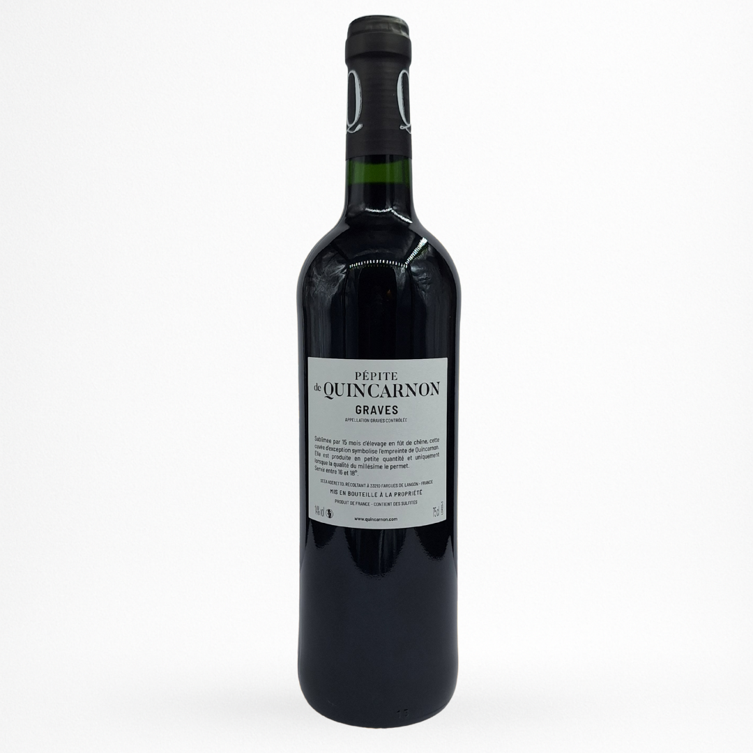 Bouteille Château de Quincarnon « Pépite » — Graves AOC, vin rouge, contre étiquette grise, sur fond blanc.
