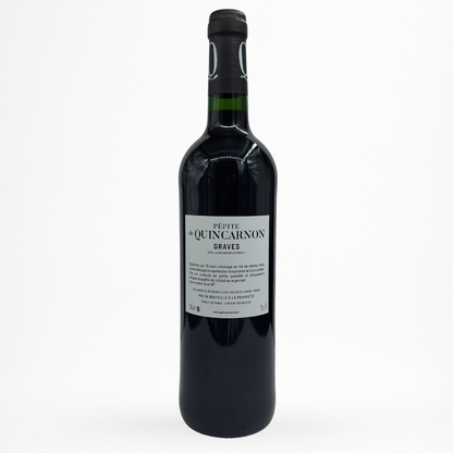Bouteille Château de Quincarnon « Pépite » — Graves AOC, vin rouge, contre étiquette grise, sur fond blanc.