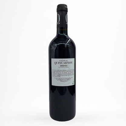 Bouteille Château de Quincarnon — Graves AOC (Bordeaux), contre etiquette vin rouge, étiquette blanche, sur fond blanc.