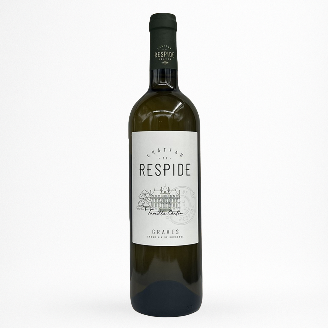 Bouteille Château de Respide Blanc — Graves AOC, vin blanc, étiquette blanche, sur fond blanc.