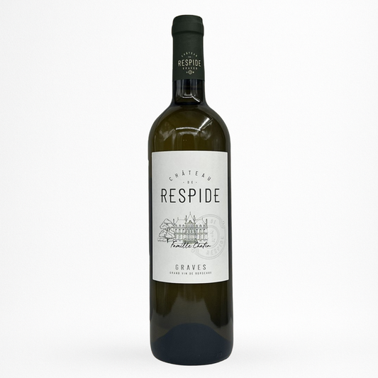 Bouteille Château de Respide Blanc — Graves AOC, vin blanc, étiquette blanche, sur fond blanc.