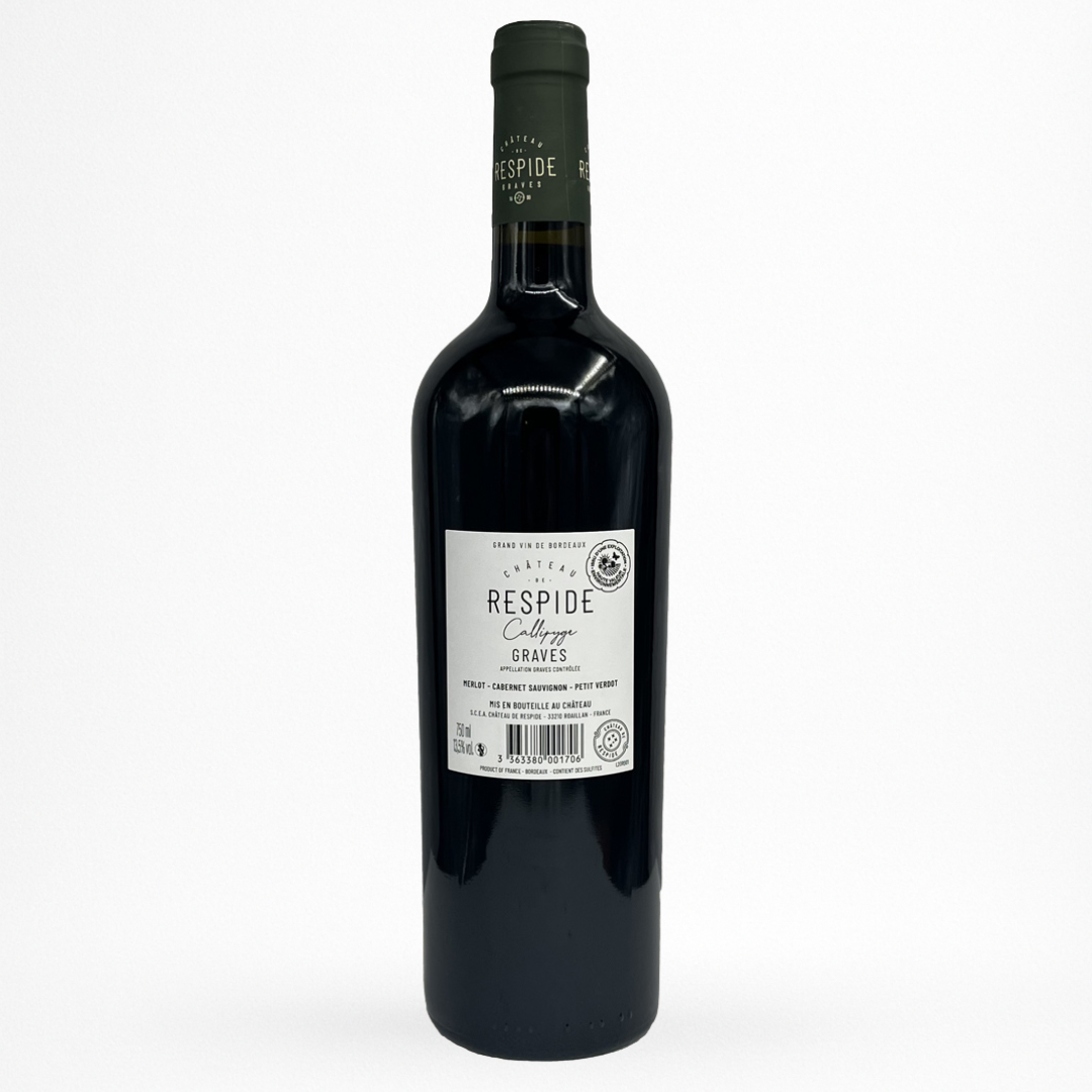 contre etiquette de vin Château de Respide Callipyge 2021 en vin de Graves sur fond blanc