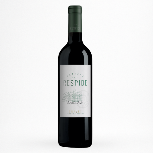 Bouteille Château de Respide — Graves AOC, vin rouge, étiquette blanche et verte, sur fond blanc.
