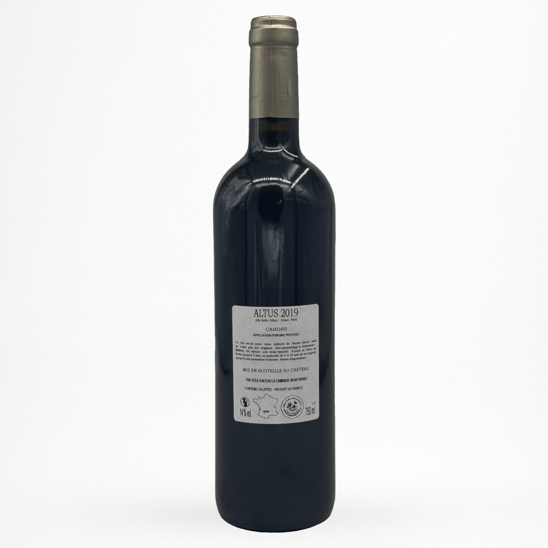 Château La Caminade “Altus” 2019 – Cahors AOP, vin rouge (Malbec), contre etiquette de bouteille packshot sur fond blanc, étiquette grise verticale avec médaille Féminalise
