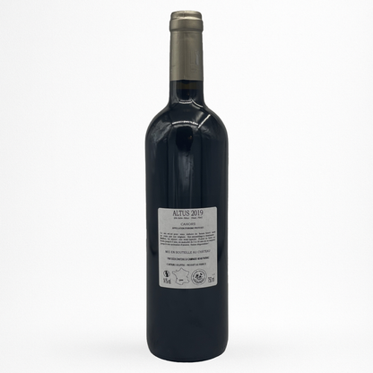 Château La Caminade “Altus” 2019 – Cahors AOP, vin rouge (Malbec), contre etiquette de bouteille packshot sur fond blanc, étiquette grise verticale avec médaille Féminalise